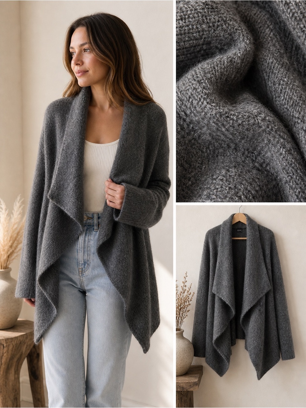 EILEEN FISHER | Mohair Charcoal Gray Open-Front Draped Knit Cardigan